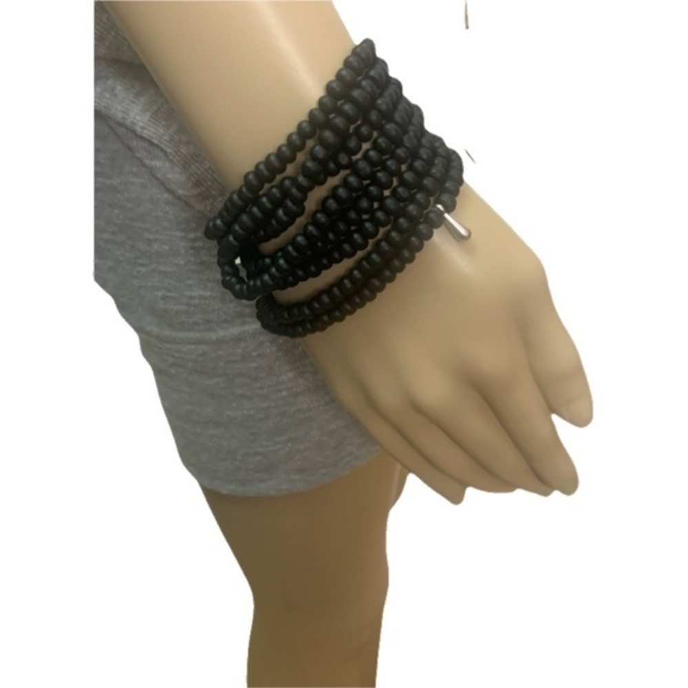 New Buji Baja Bohemian Black Silver Wood Beads Stretch Wrap Bracelets 8 Strands